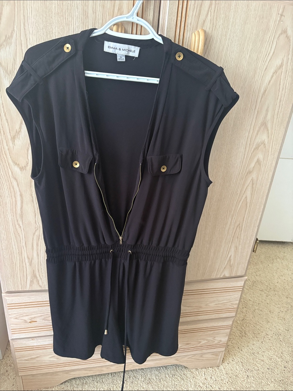 Emma & Michele Black Sleeveless Zip-Front Romper with Gold Buttons